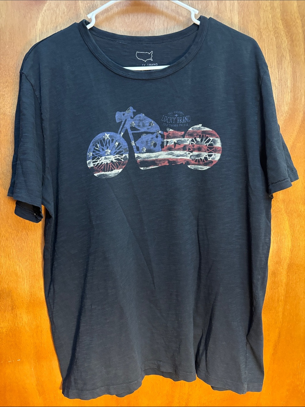 Lucky Brand Black Short Sleeve Tee with American Flag Motorcycle Graphic